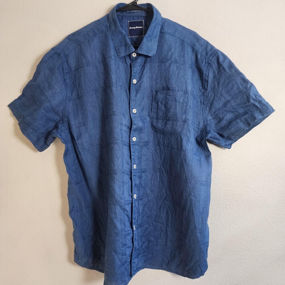 Tommy Bahama Shirt Mens 2XL Blue 100% Linen Short Sleeve Textured Check Casual